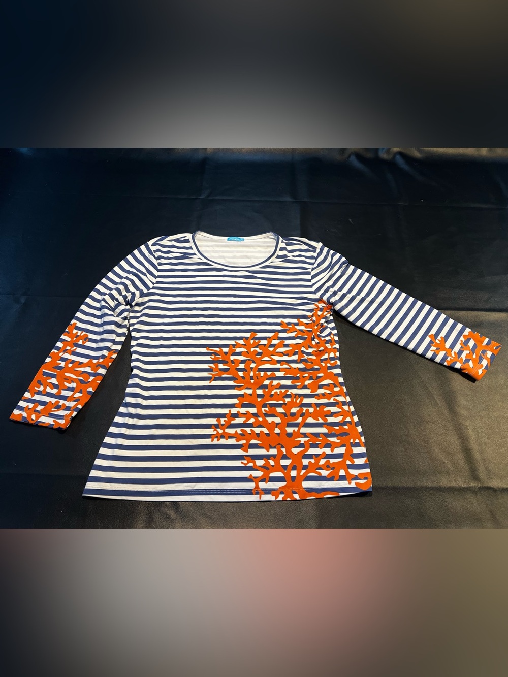 J McLaughlin Navy & White Stripes Orange Coral Print Top Blouse size Medium